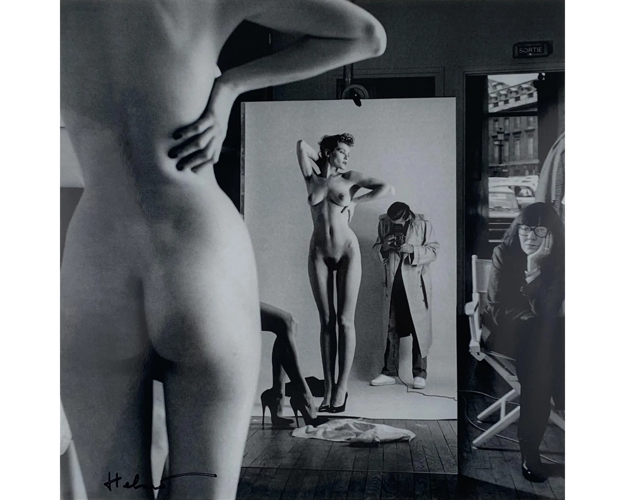 Helmut Newton, Self-Portrait with Wife and Models, Paris, Vogue Hommes, 1980, Photolithograph, 26x26 cm